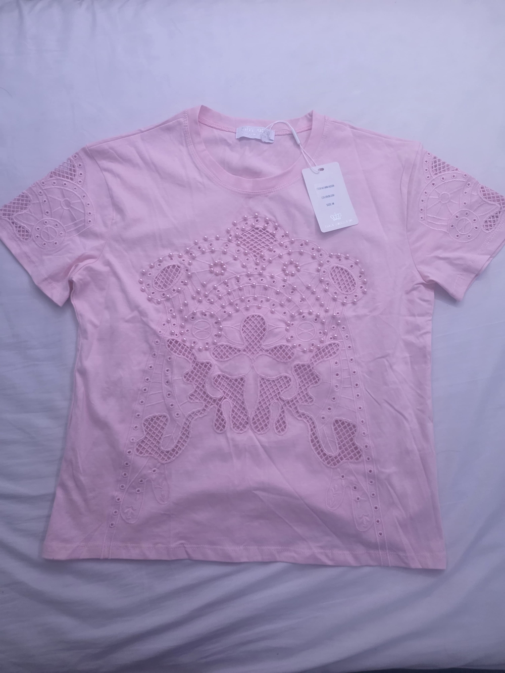 NY Collection Light Pink Short Sleeve Embroidered Cutout Top